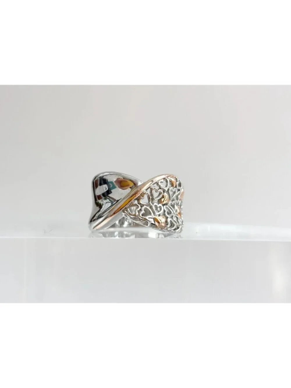 Dual Toned Gold Overlay Heart Crossover Sterling Silver 925 Vintage Ring sz 7.25